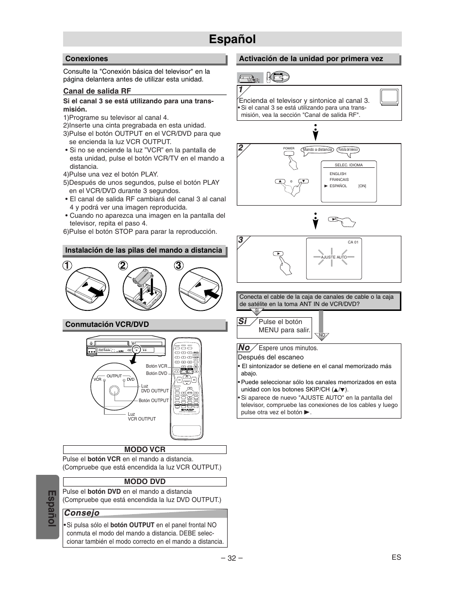 Español, Consejo, Modo vcr | Modo dvd, Canal de salida rf, Encienda el televisor y sintonice al canal 3, Espere unos minutos. después del escaneo, Pulse el botón menu para salir | Sharp DV-NC150U User Manual | Page 32 / 35