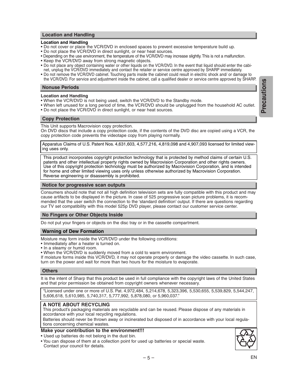 Precautions | Sharp DV-NC150U User Manual | Page 5 / 35