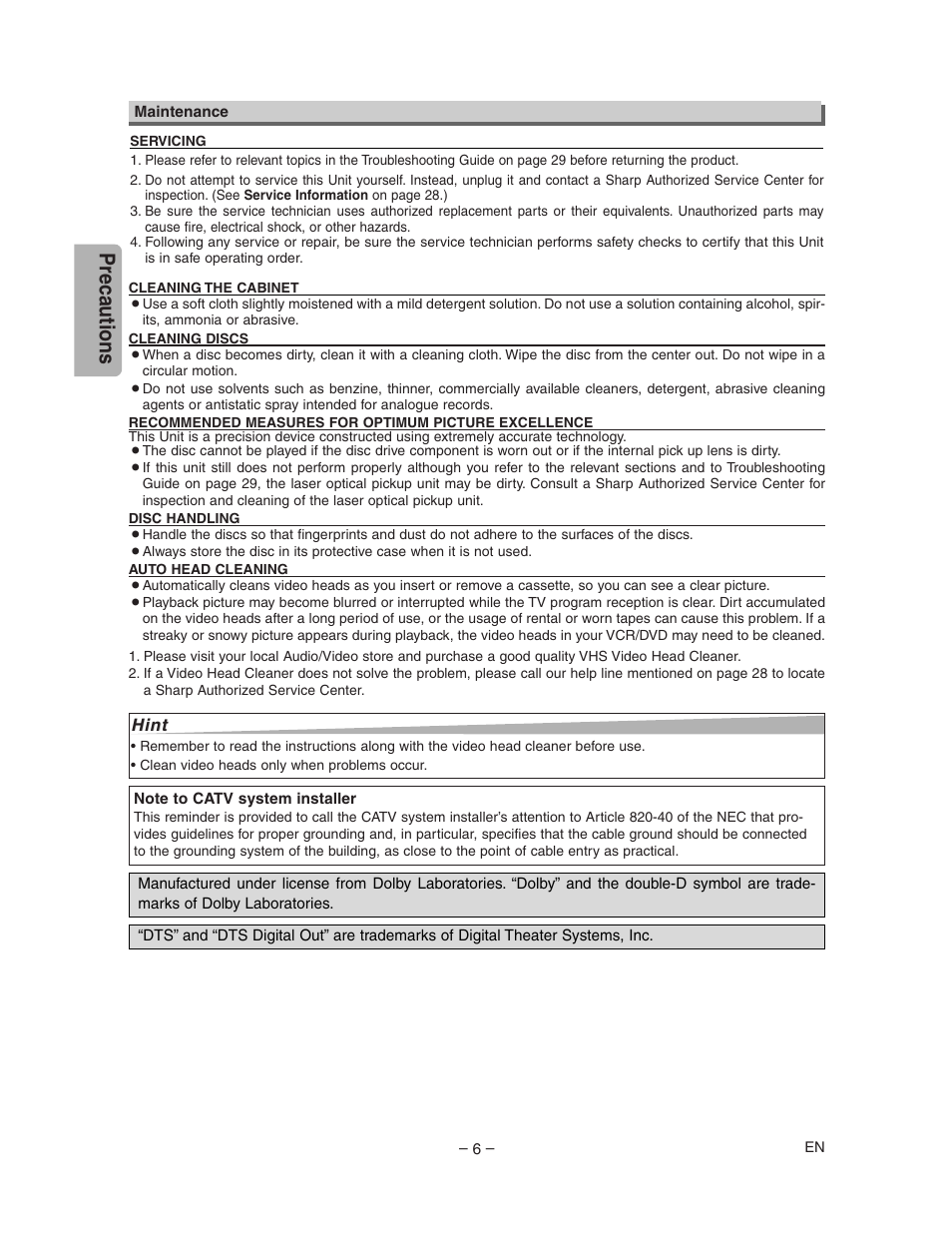 Precautions | Sharp DV-NC150U User Manual | Page 6 / 35