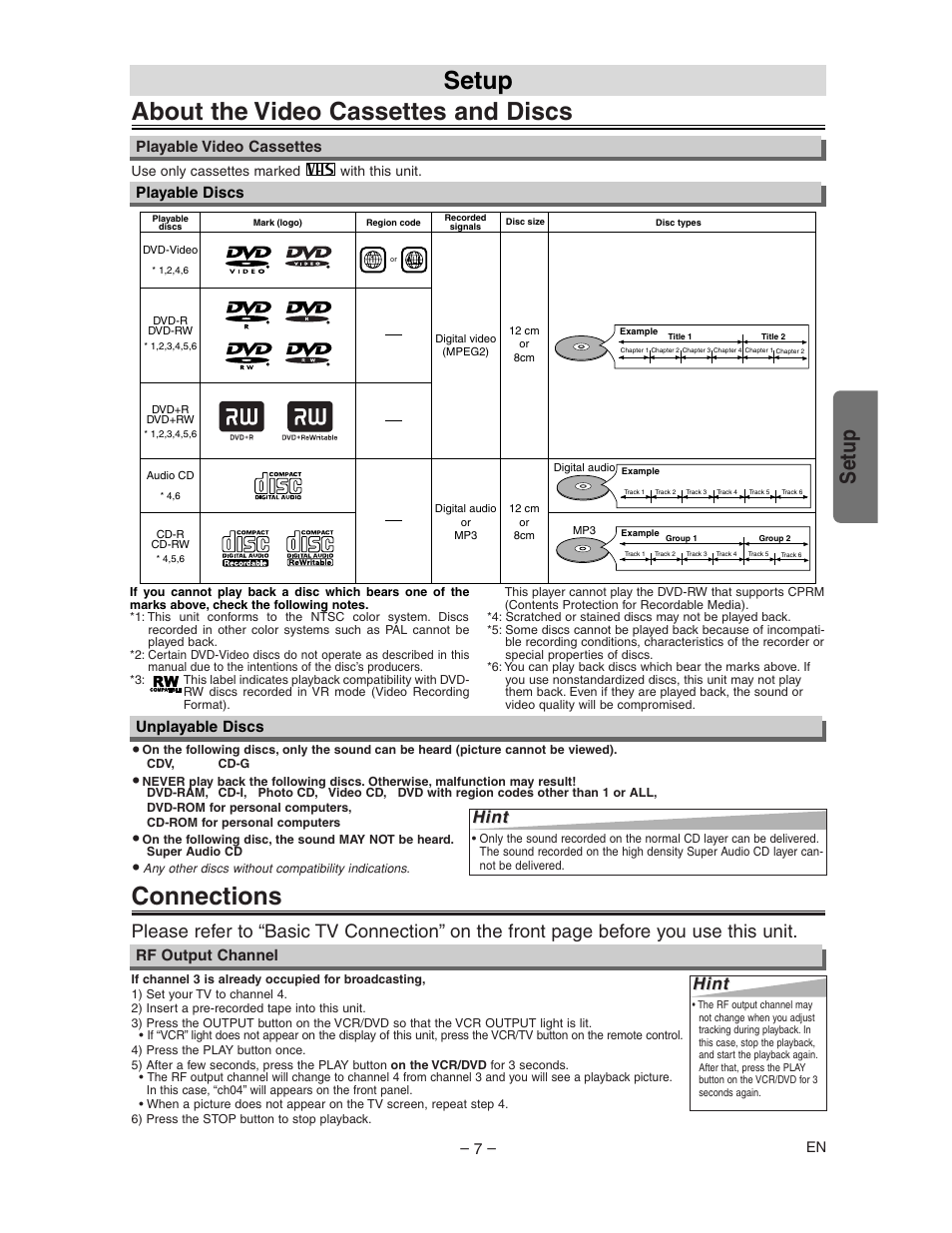 About the video cassettes and discs, Connections, Setup | Hint, Playable discs unplayable discs, Rf output channel, Playable video cassettes | Sharp DV-NC150U User Manual | Page 7 / 35