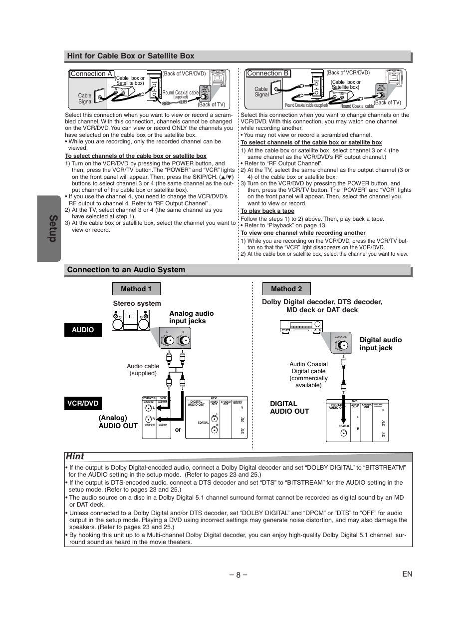 Setup, Hint, Hint for cable box or satellite box | Connection to an audio system, Stereo system, Connection a, Connection b | Sharp DV-NC150U User Manual | Page 8 / 35