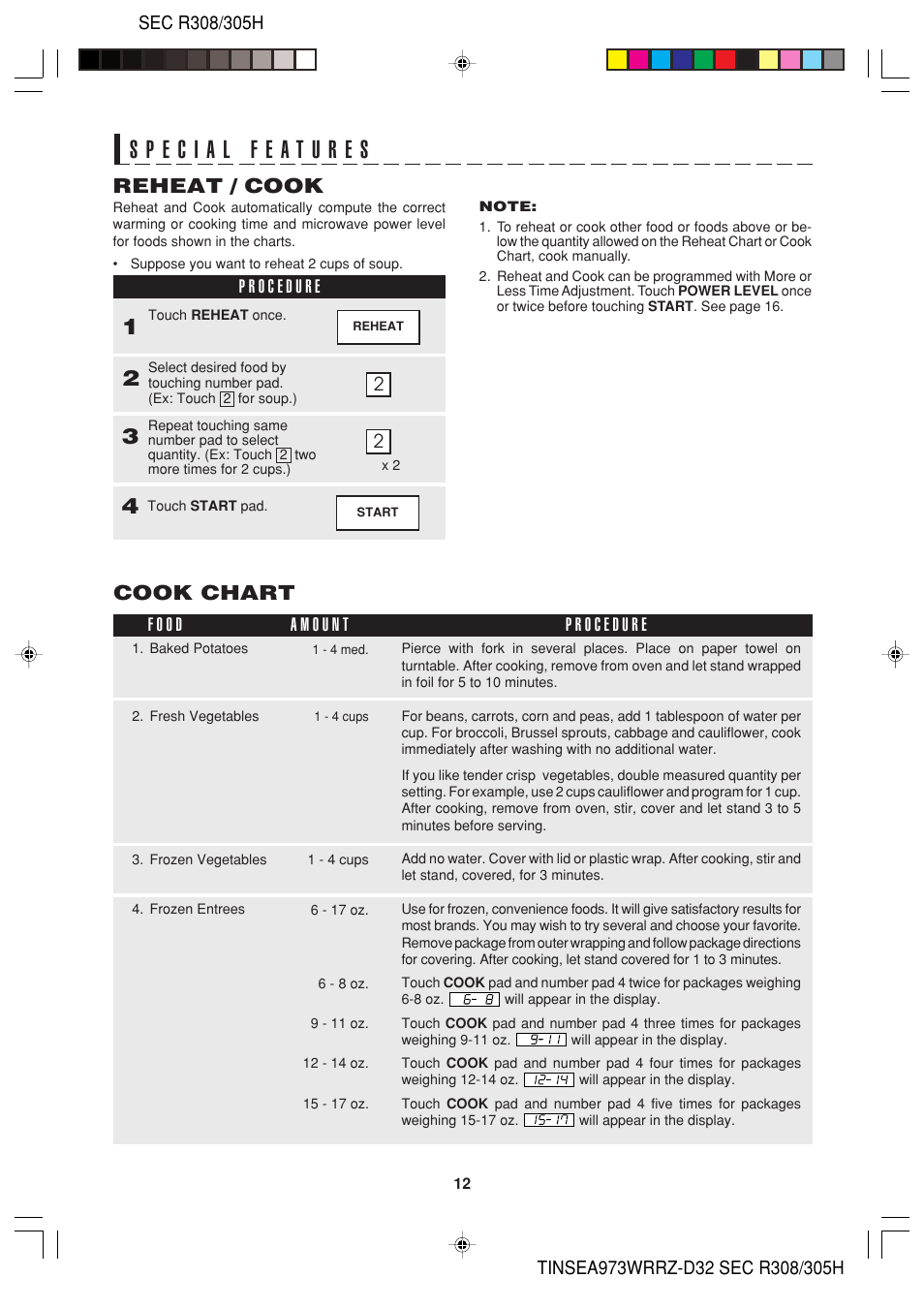 Reheat / cook, Cook chart | Sharp HW User Manual | Page 14 / 24