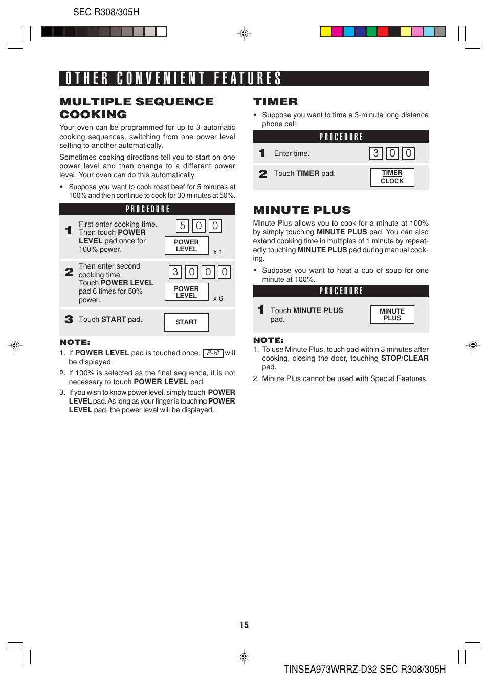 Multiple sequence cooking, Timer, Minute plus | Sharp HW User Manual | Page 17 / 24