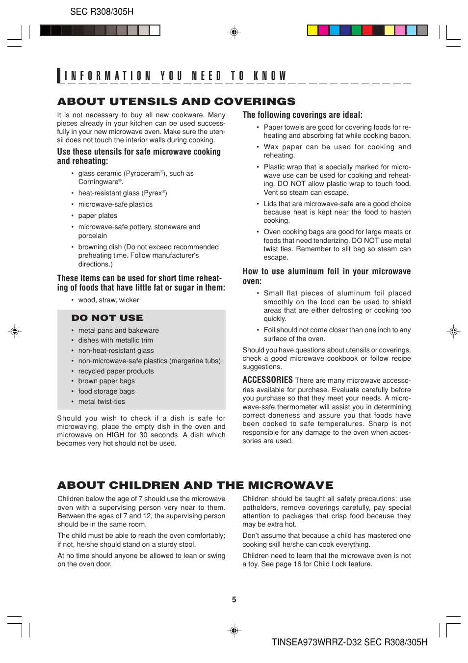 About utensils and coverings, About children and the microwave | Sharp HW User Manual | Page 7 / 24