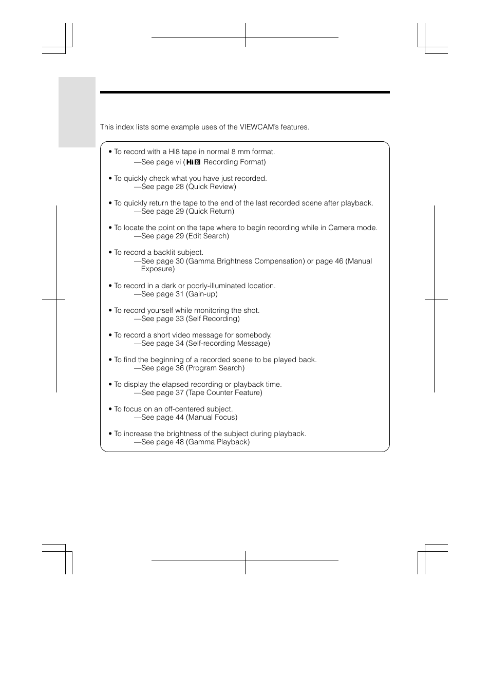 Quick reference index | Sharp VL-AH130U User Manual | Page 14 / 72