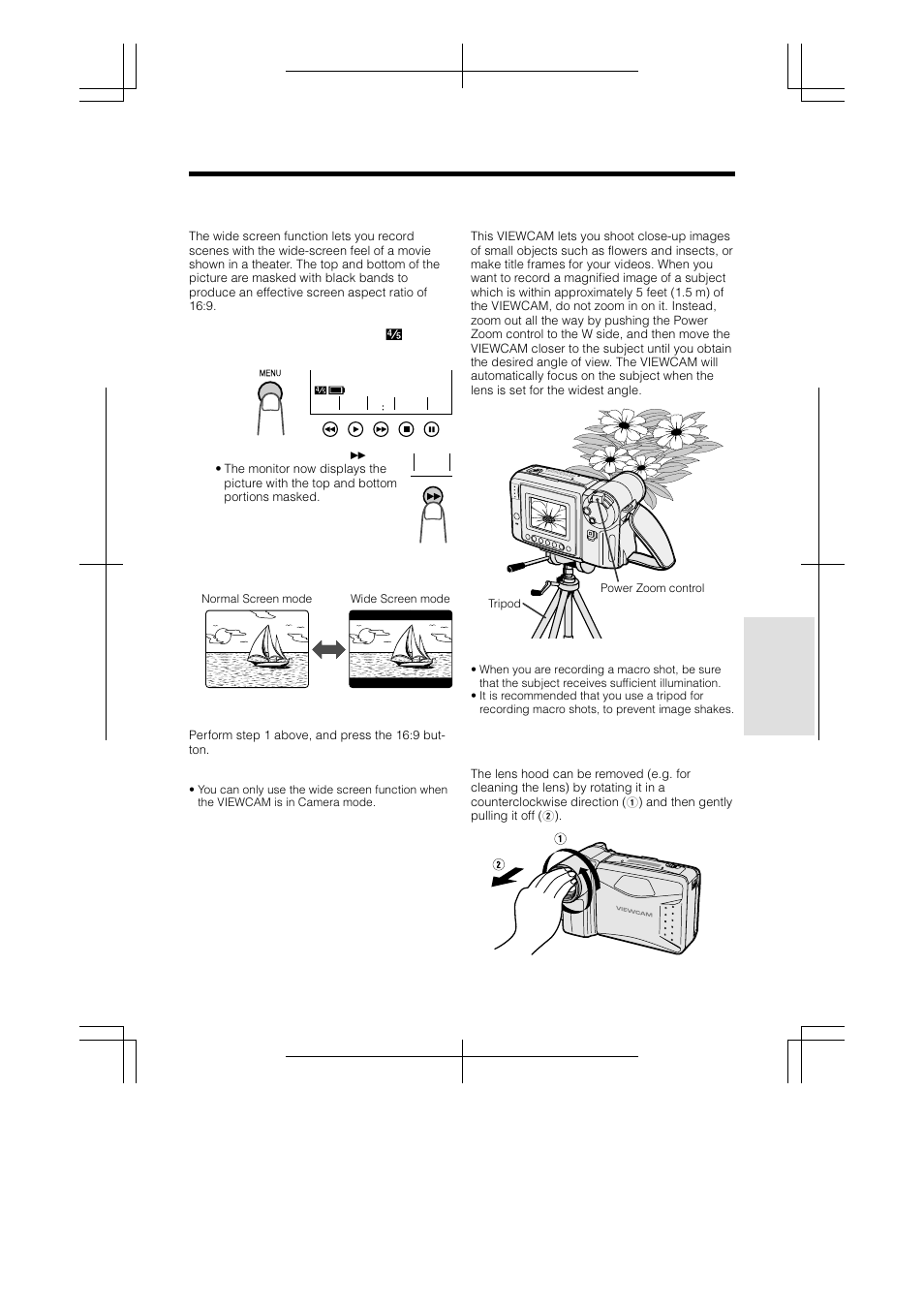 Wide screen (16:9), Macro shots, Removing the lens hood | Sharp VL-AH130U User Manual | Page 41 / 72