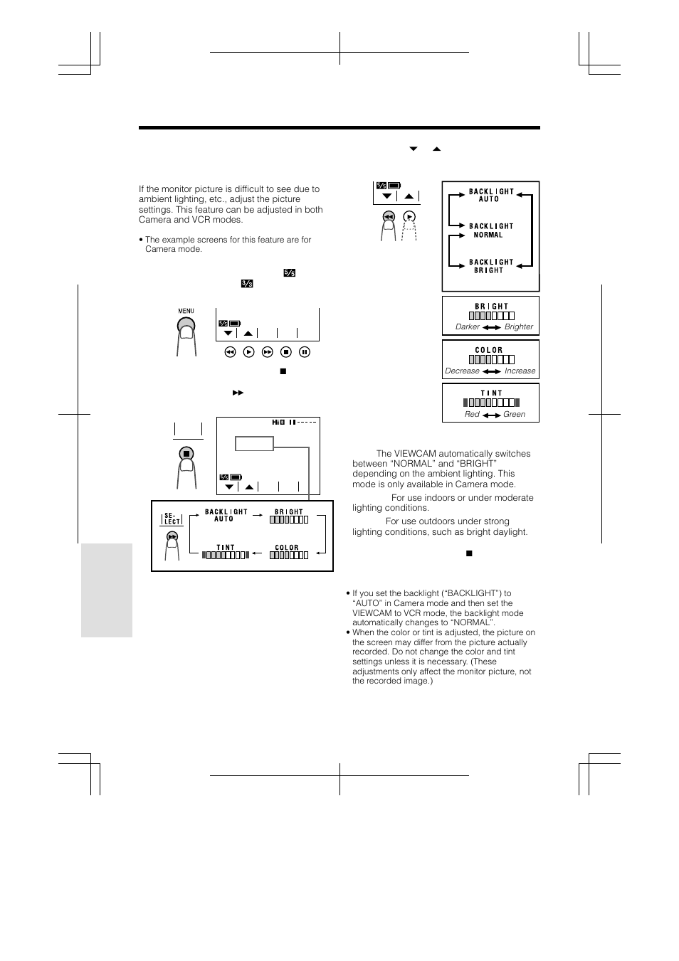 Picture/backlight adjustments, Advanced features | Sharp VL-AH130U User Manual | Page 56 / 72