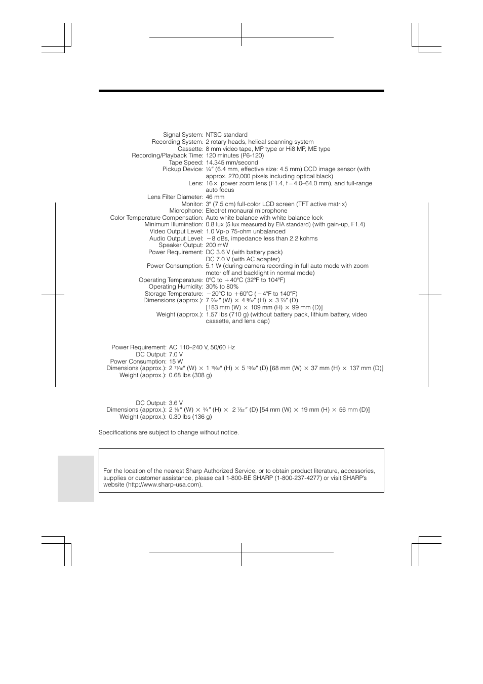 Specifications, Service information, References | For the u.s.) | Sharp VL-AH130U User Manual | Page 66 / 72