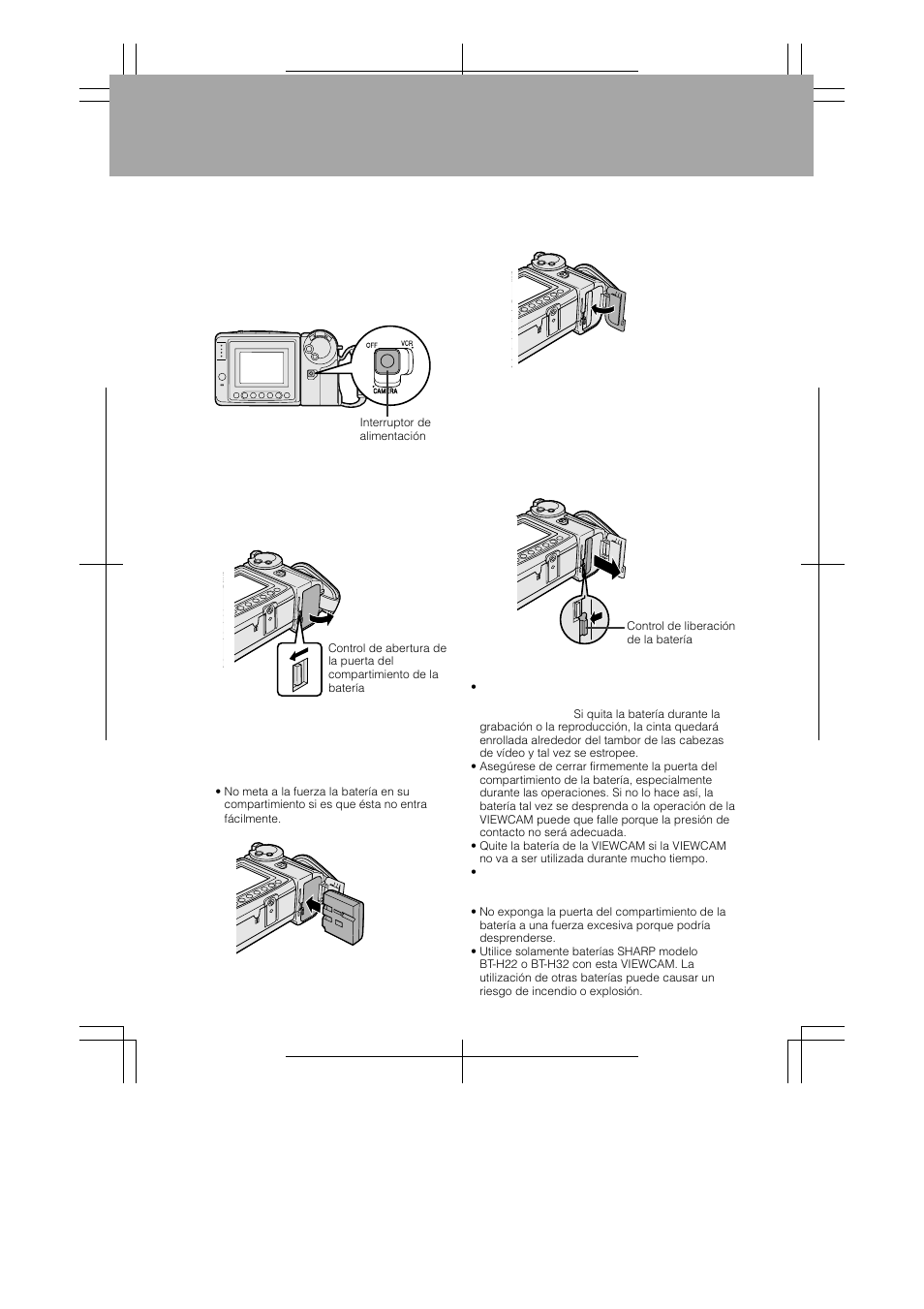Guía de operación rápida en español, Inserción y extracción de la batería | Sharp VL-AH130U User Manual | Page 67 / 72