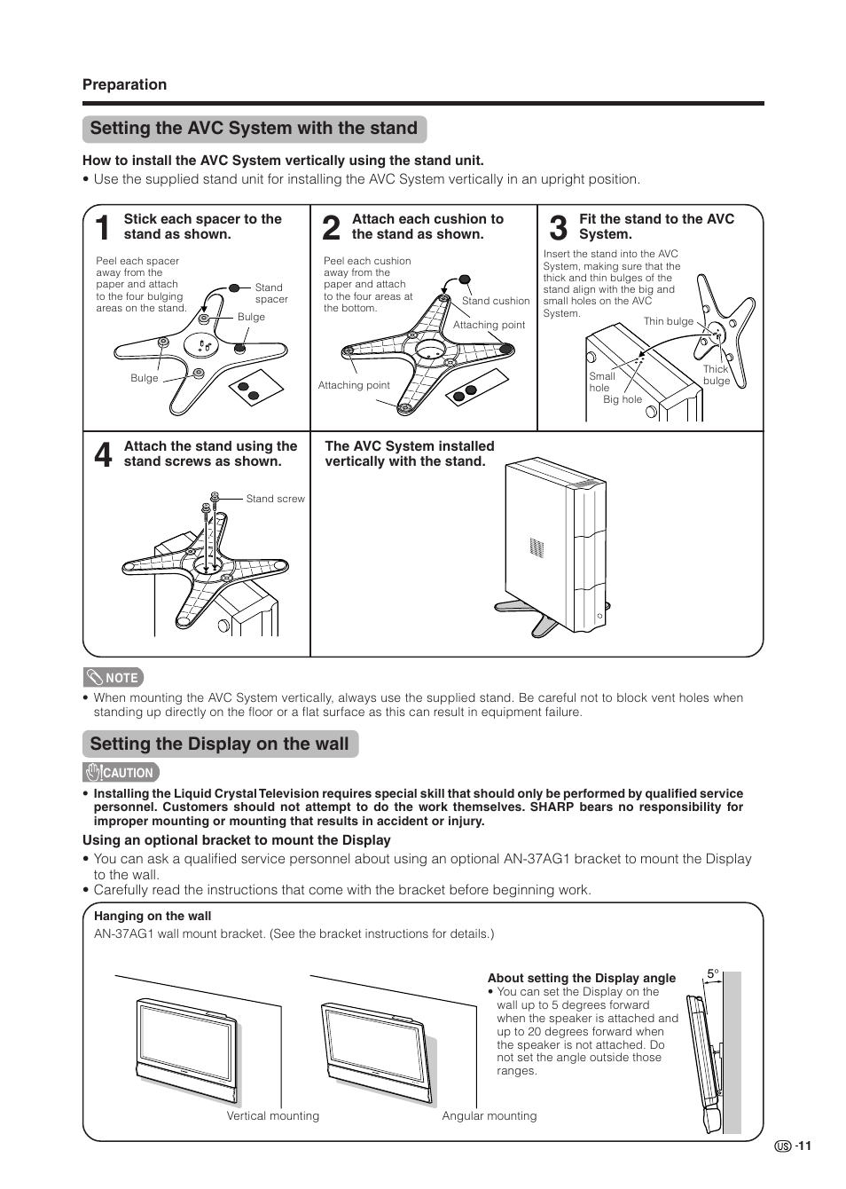 Setting the display on the wall, Setting the avc system with the stand | Sharp Aquos LC 37HV6U User Manual | Page 12 / 86