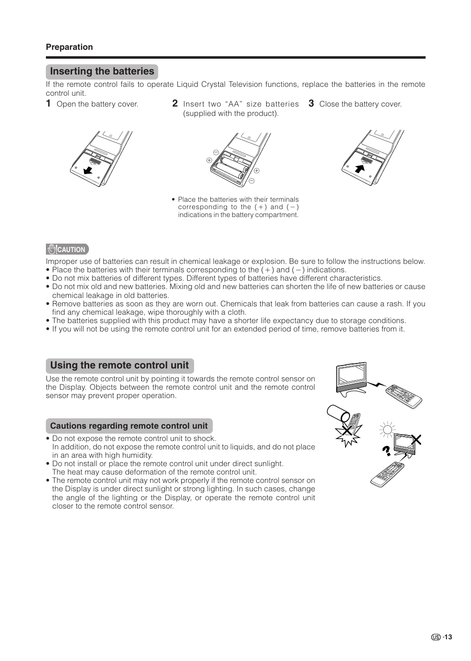 Inserting the batteries, Using the remote control unit | Sharp Aquos LC 37HV6U User Manual | Page 14 / 86