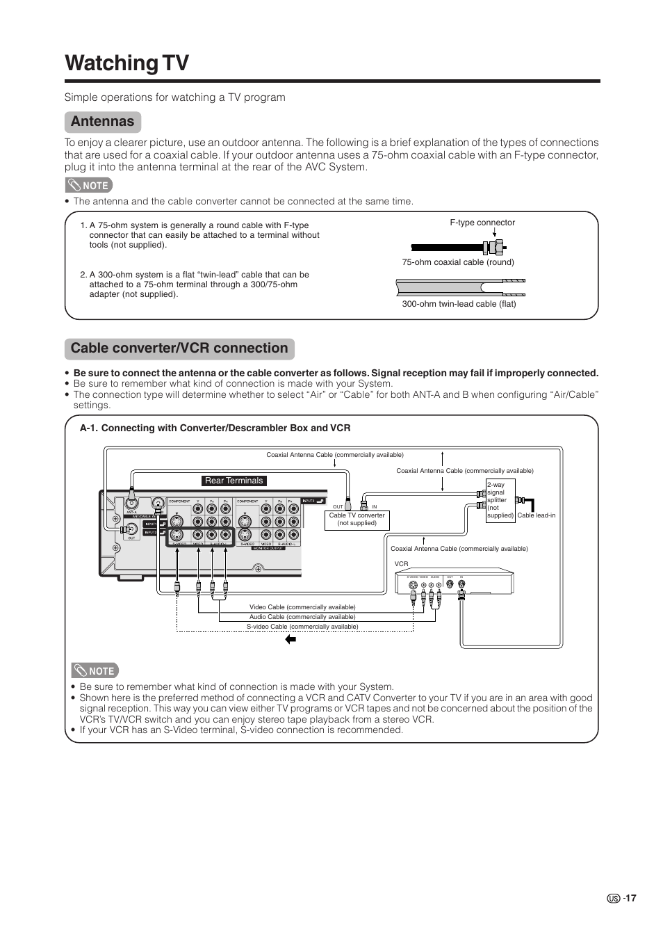 Watching tv, Antennas, Cable converter/vcr connection | Simple operations for watching a tv program | Sharp Aquos LC 37HV6U User Manual | Page 18 / 86