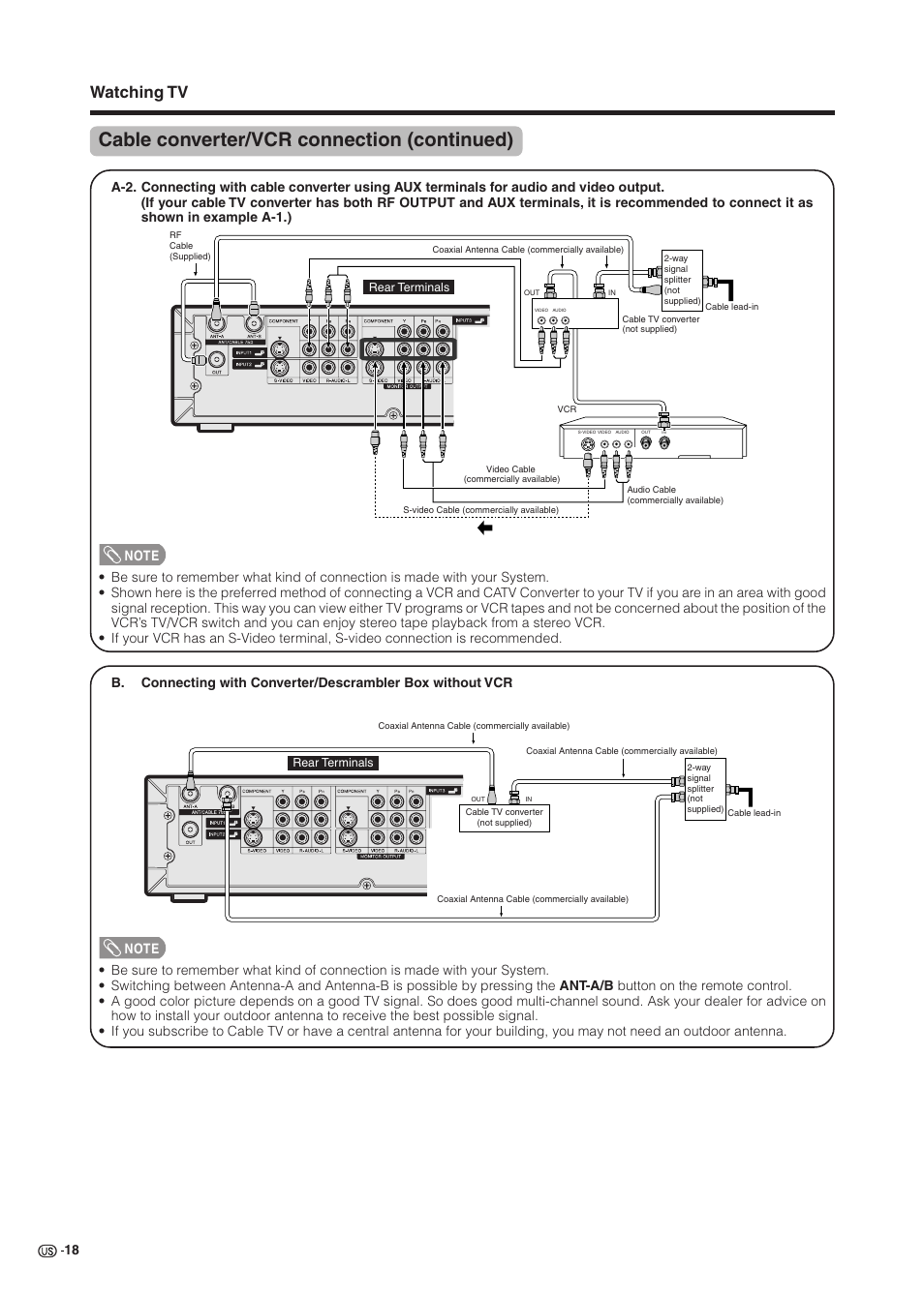 Cable converter/vcr connection (continued), Watching tv | Sharp Aquos LC 37HV6U User Manual | Page 19 / 86