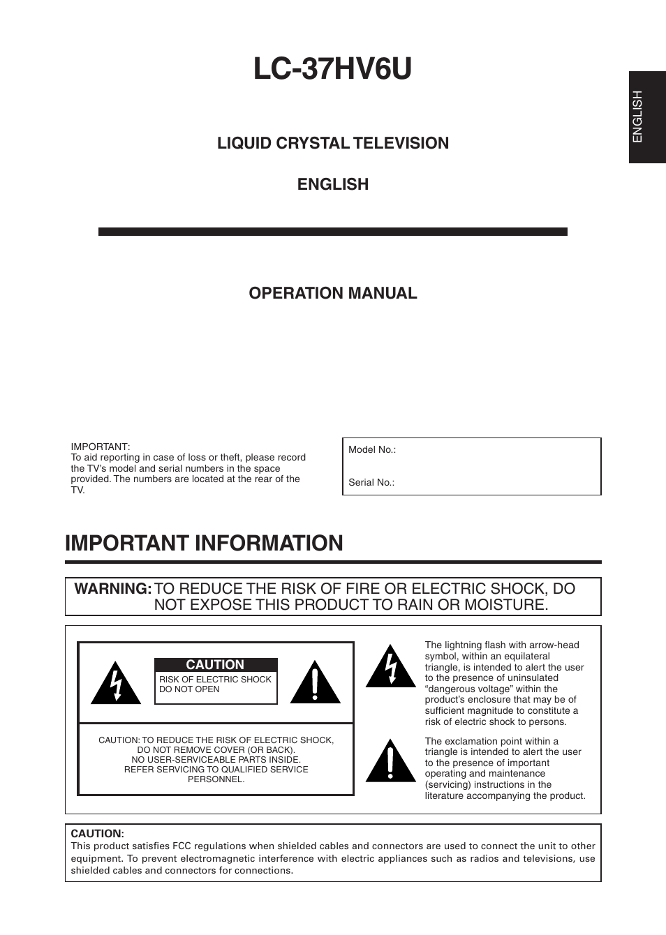 Lc-37hv6u, Important information, Liquid crystal television english operation manual | Sharp Aquos LC 37HV6U User Manual | Page 2 / 86