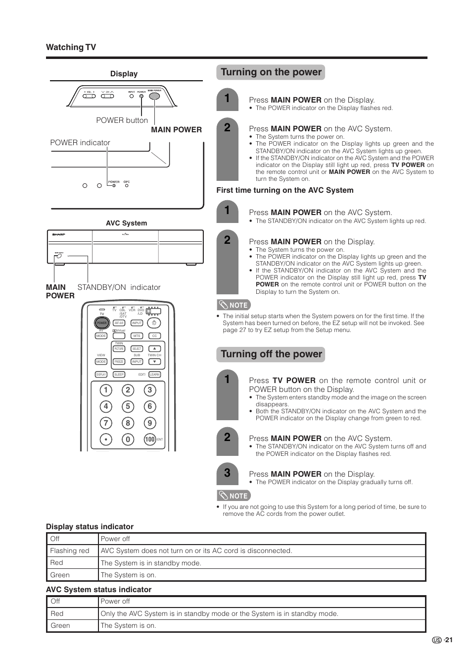 Turning on the power, Turning off the power, Watching tv | Sharp Aquos LC 37HV6U User Manual | Page 22 / 86