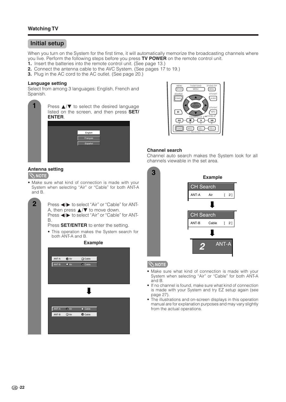 Initial setup, Watching tv, Ant-a | Ch search, Example | Sharp Aquos LC 37HV6U User Manual | Page 23 / 86