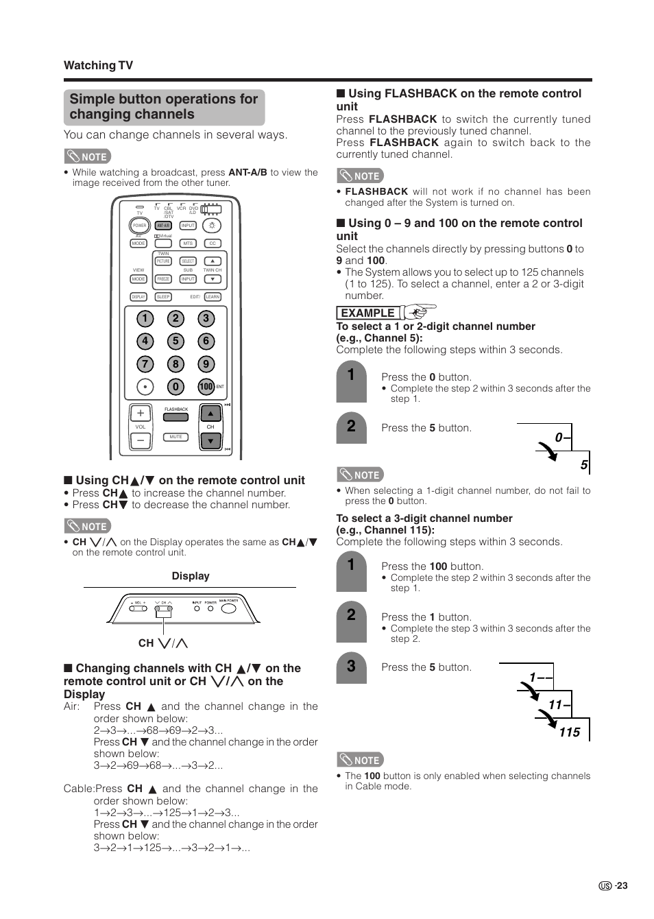 Simple button operations for changing channels, Watching tv, You can change channels in several ways | Using ch a / b on the remote control unit, Using flashback on the remote control unit | Sharp Aquos LC 37HV6U User Manual | Page 24 / 86