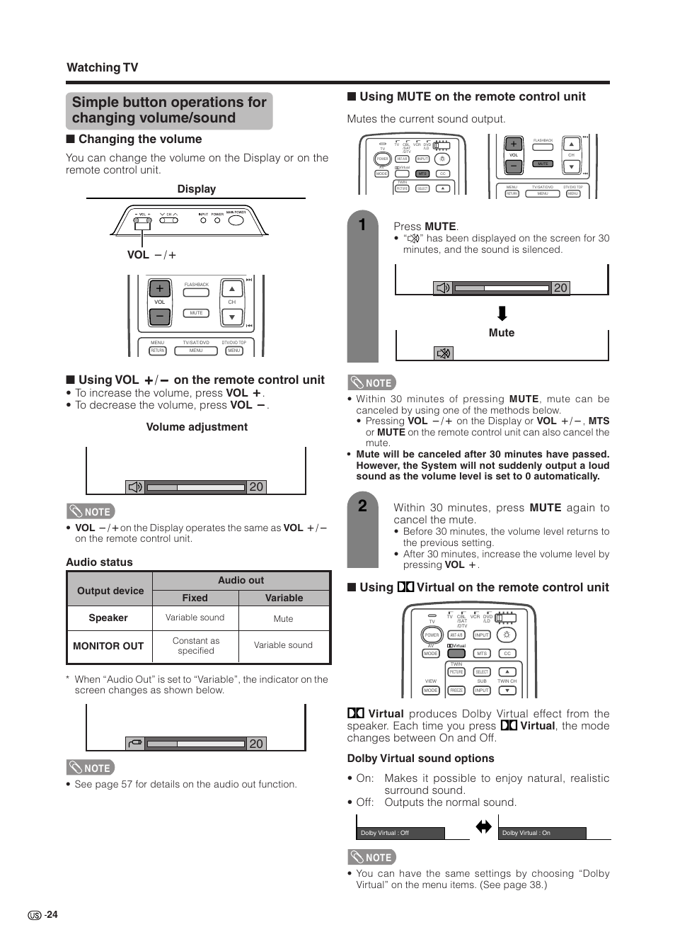 Simple button operations for changing volume/sound, Watching tv, Changing the volume | Using mute on the remote control unit, Using virtual on the remote control unit, Volume adjustment mute, Audio status, Mutes the current sound output. press mute, Display vol l/k | Sharp Aquos LC 37HV6U User Manual | Page 25 / 86