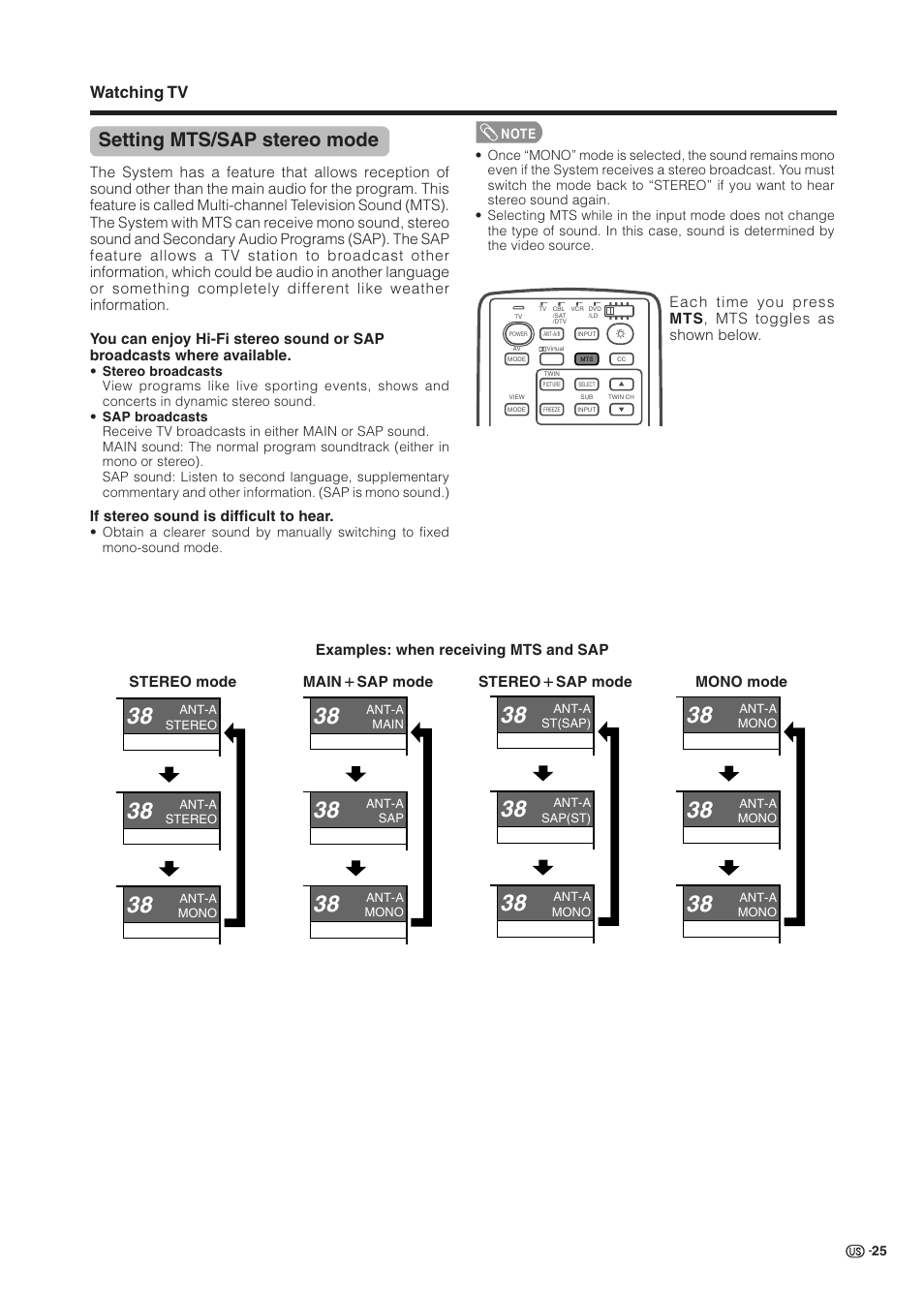 Setting mts/sap stereo mode, Watching tv | Sharp Aquos LC 37HV6U User Manual | Page 26 / 86