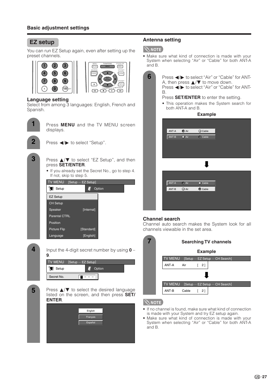 Ez setup, Basic adjustment settings, Language setting | Antenna setting, Channel search, Input the 4-digit secret number by using 0 – 9, Example | Sharp Aquos LC 37HV6U User Manual | Page 28 / 86