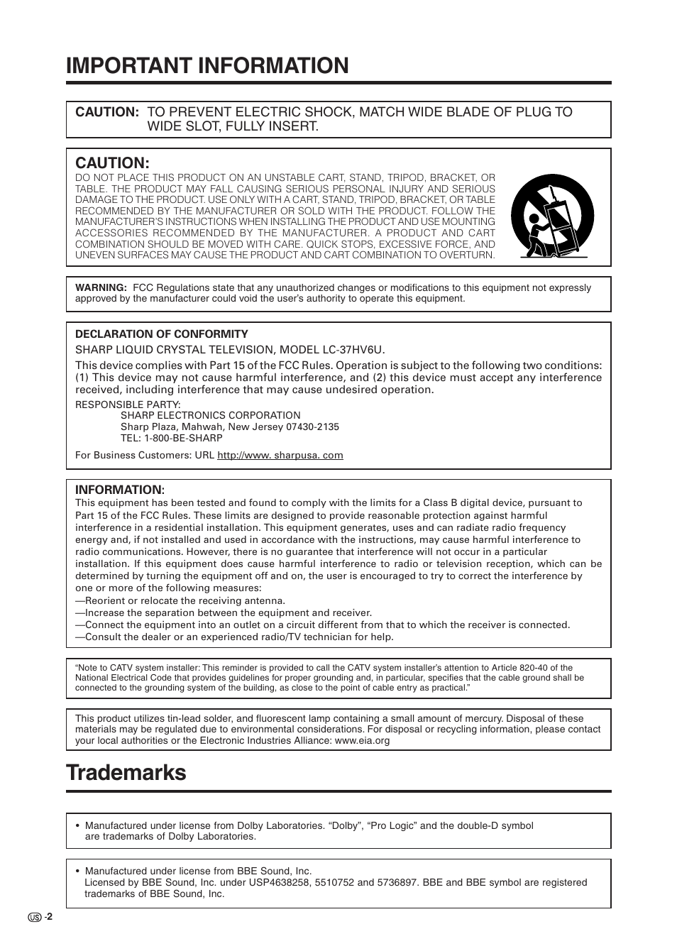 Important information, Trademarks, Caution | Sharp Aquos LC 37HV6U User Manual | Page 3 / 86