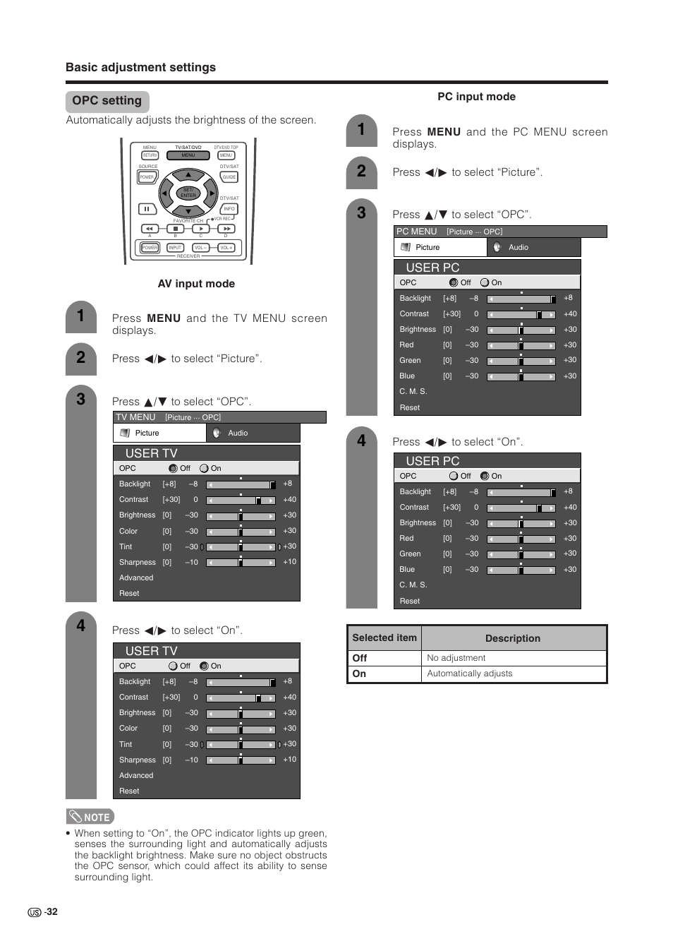 Opc setting, Basic adjustment settings, User tv | User pc, Press a/b to select “opc”. press c/d to select “on | Sharp Aquos LC 37HV6U User Manual | Page 33 / 86