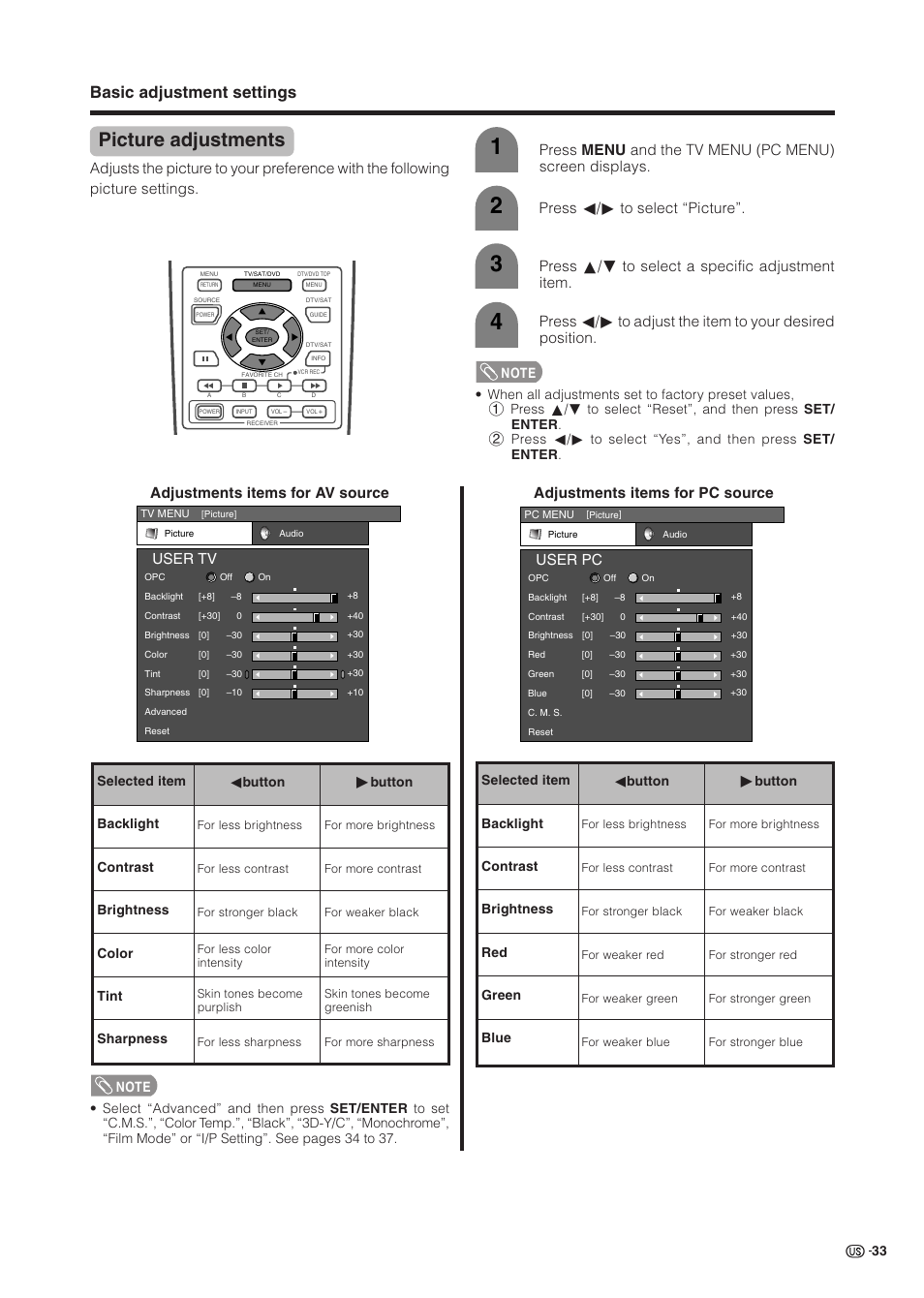 Picture adjustments, Basic adjustment settings, Adjustments items for pc source | Adjustments items for av source, User pc, User tv | Sharp Aquos LC 37HV6U User Manual | Page 34 / 86