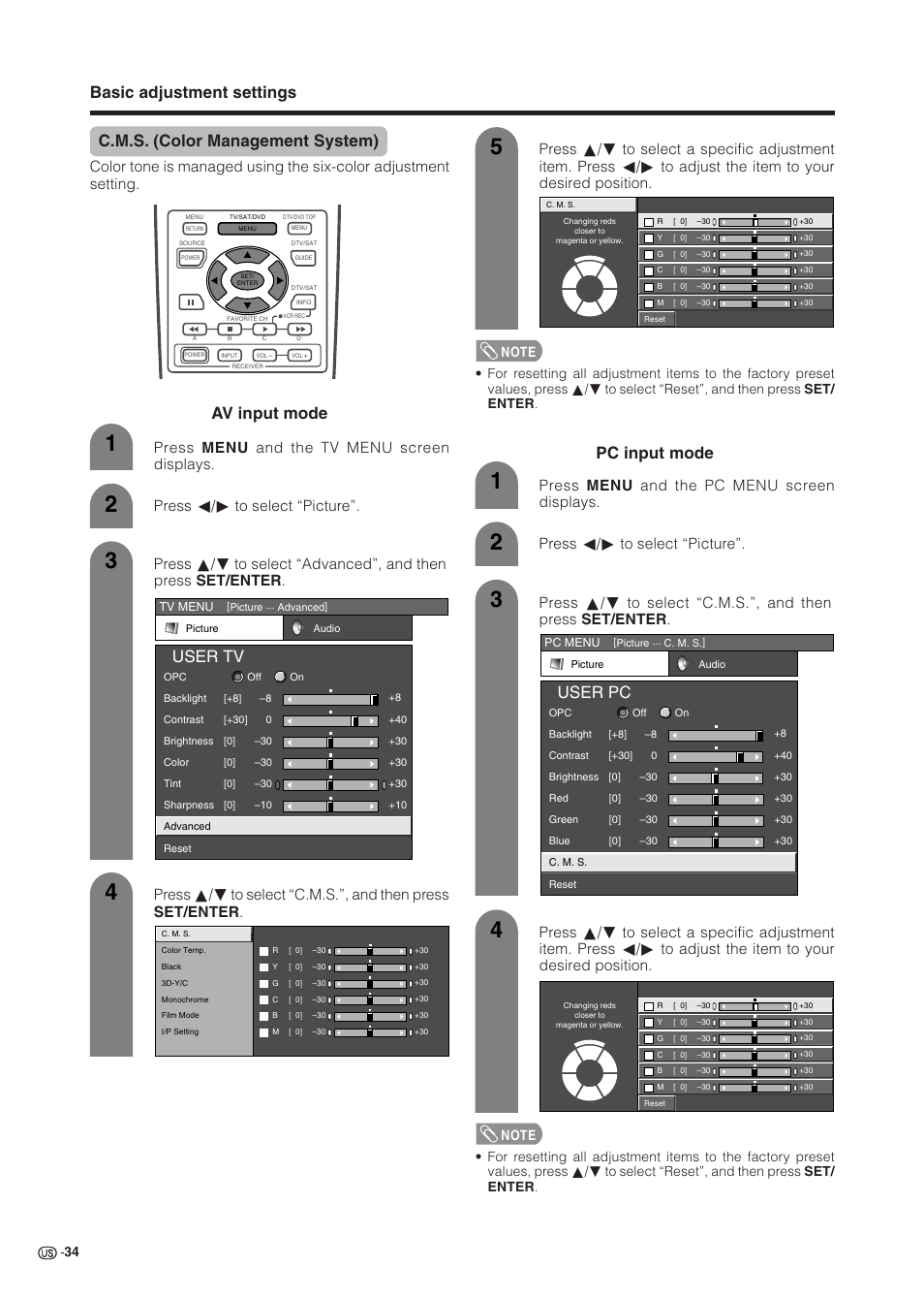 User tv, Av input mode pc input mode, User pc | Press c/d to select “picture | Sharp Aquos LC 37HV6U User Manual | Page 35 / 86