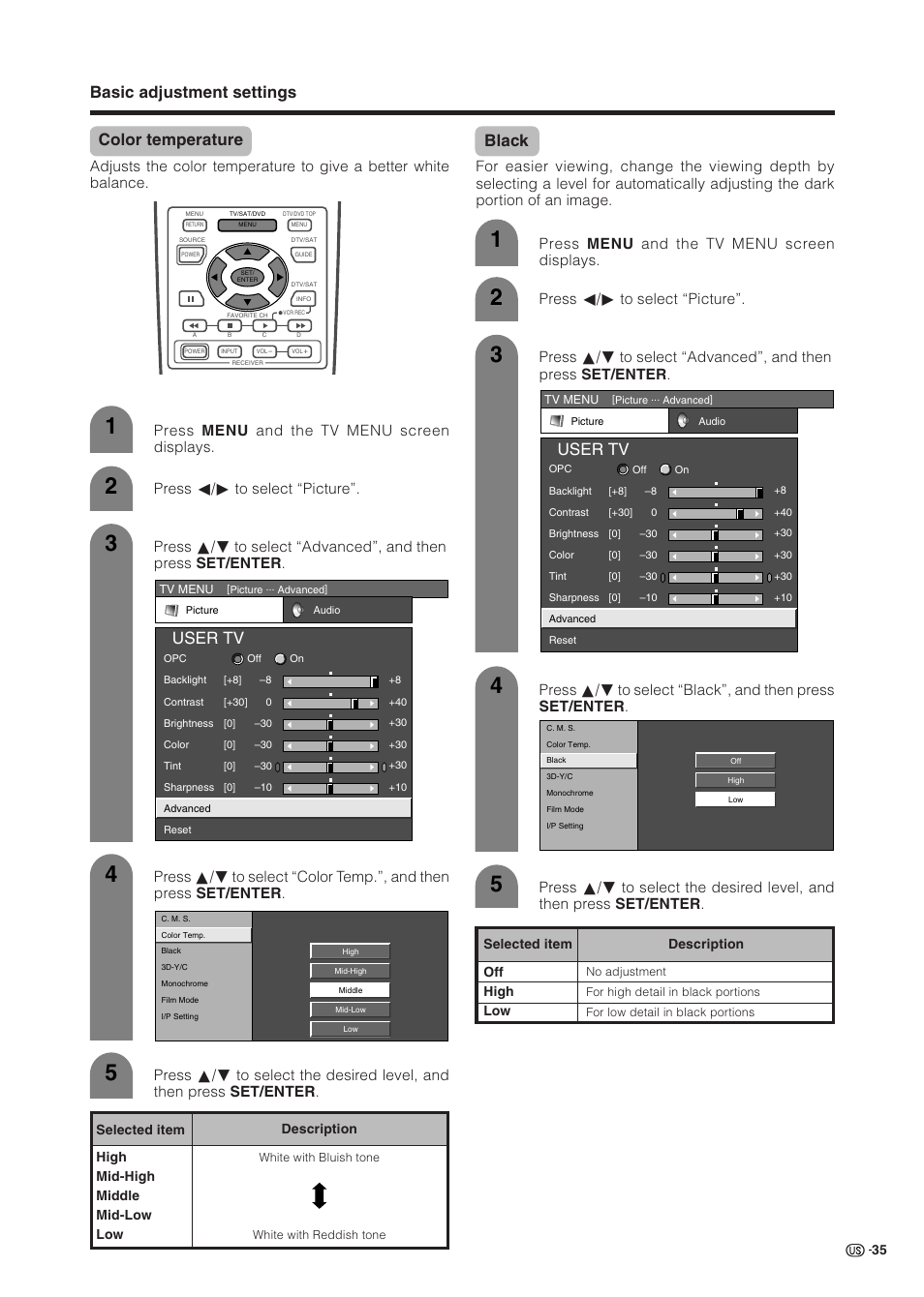 Basic adjustment settings color temperature, User tv, Black | Press menu and the tv menu screen displays, Press c/d to select “picture | Sharp Aquos LC 37HV6U User Manual | Page 36 / 86