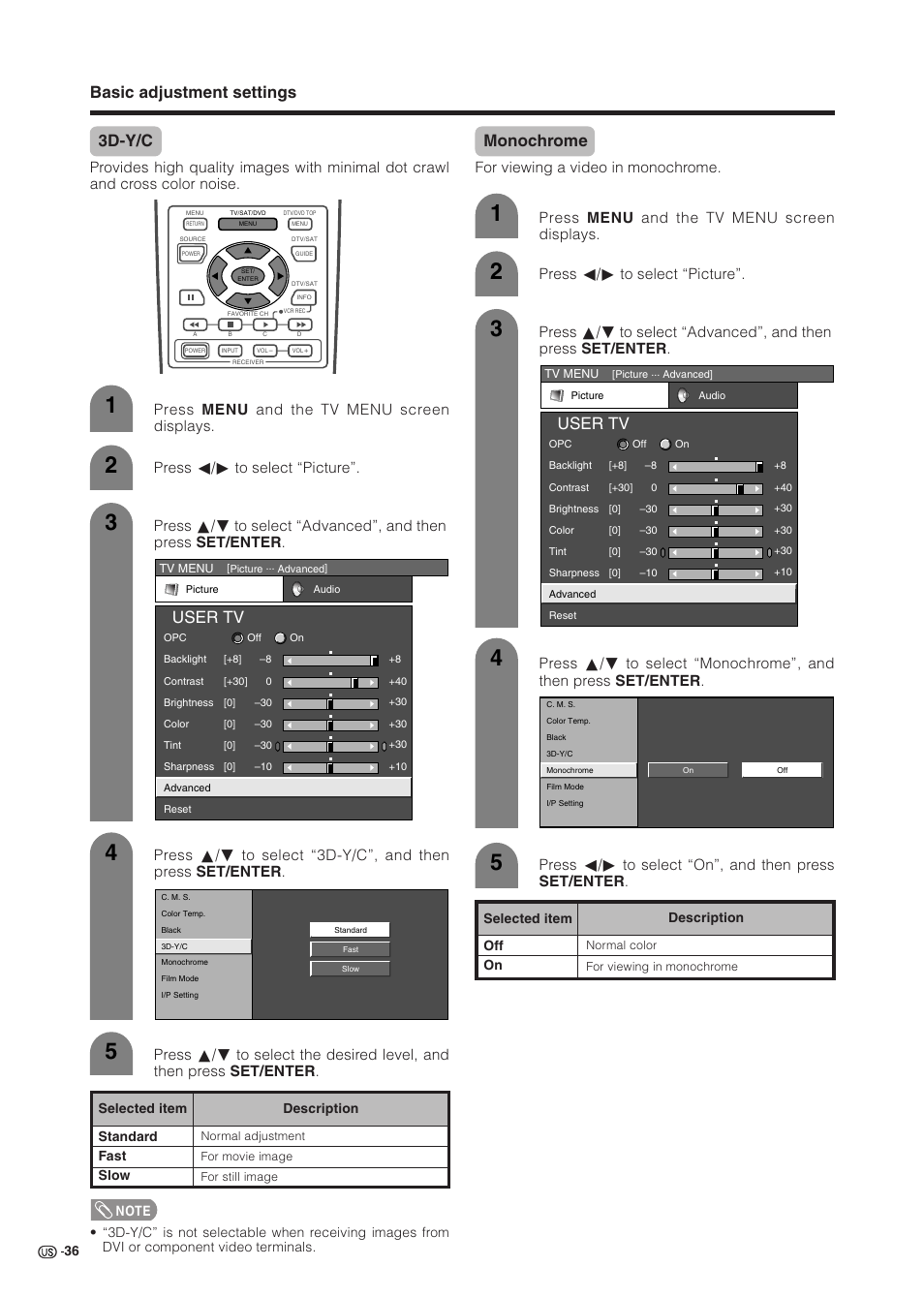 Basic adjustment settings 3d-y/c, User tv, Monochrome | Press c/d to select “picture, For viewing a video in monochrome, Press c/d to select “on”, and then press set/enter, Press menu and the tv menu screen displays | Sharp Aquos LC 37HV6U User Manual | Page 37 / 86