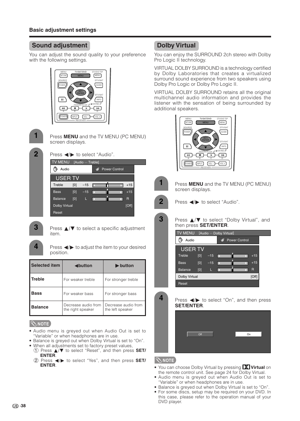 Sound adjustment, Dolby virtual, Basic adjustment settings | User tv | Sharp Aquos LC 37HV6U User Manual | Page 39 / 86