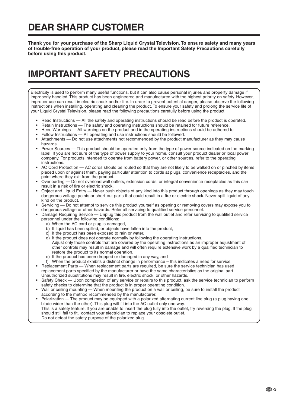 Dear sharp customer, Important safety precautions | Sharp Aquos LC 37HV6U User Manual | Page 4 / 86