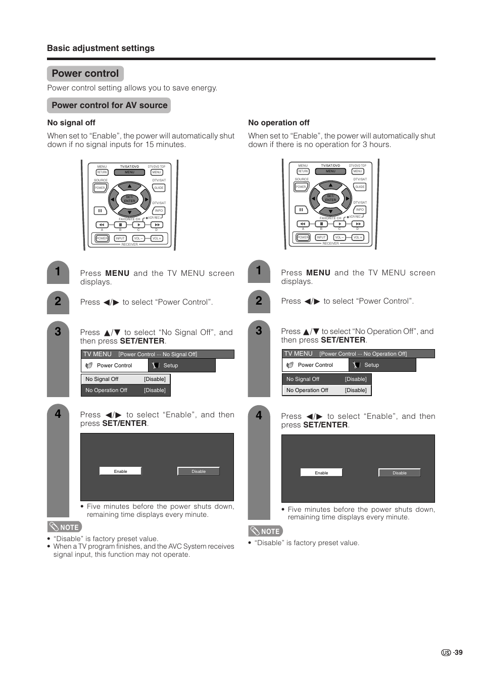 Power control, Basic adjustment settings, Power control for av source | Power control setting allows you to save energy | Sharp Aquos LC 37HV6U User Manual | Page 40 / 86