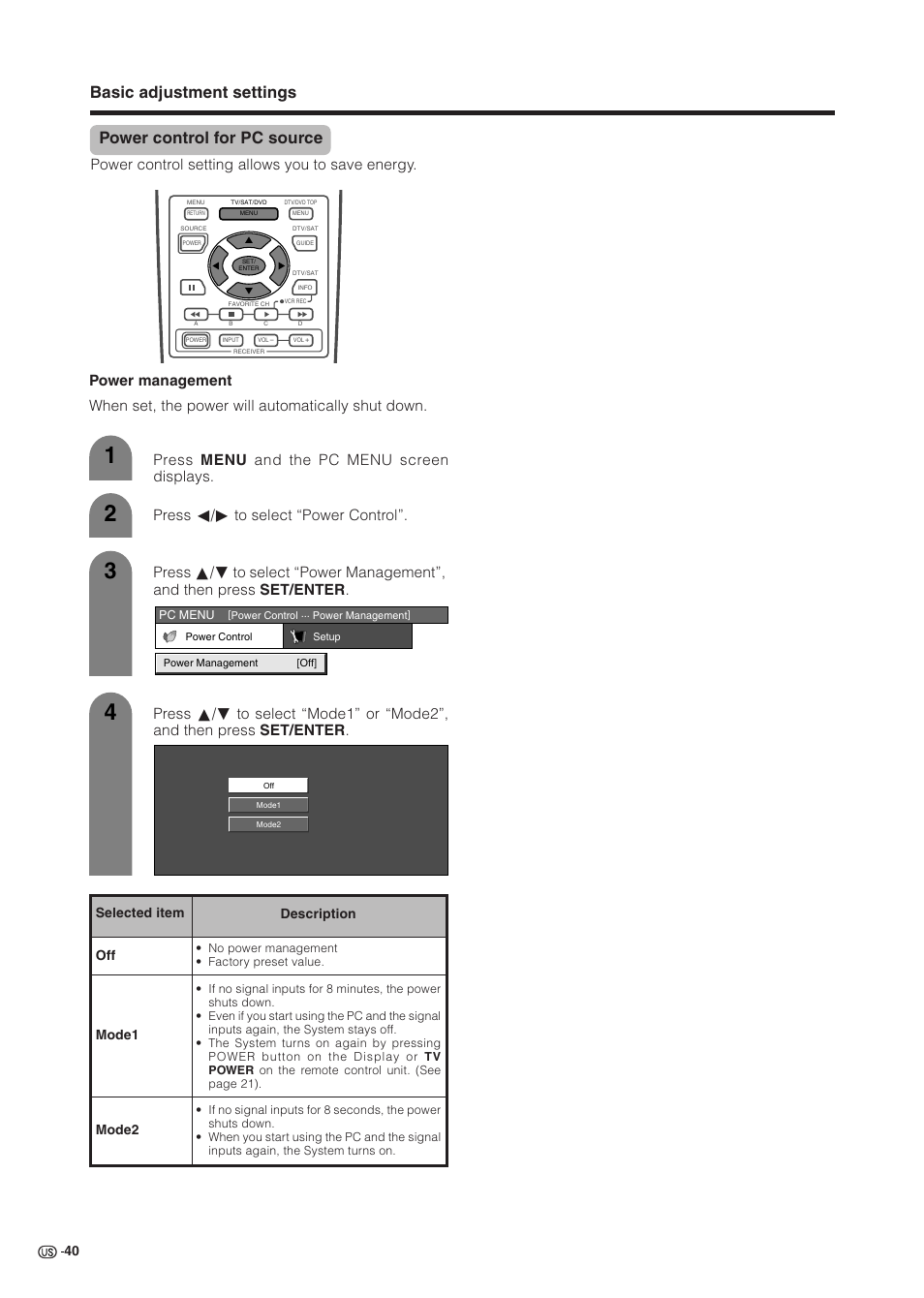 Power control for pc source, Basic adjustment settings, Power control setting allows you to save energy | Description, Selected item off mode1 mode2 | Sharp Aquos LC 37HV6U User Manual | Page 41 / 86