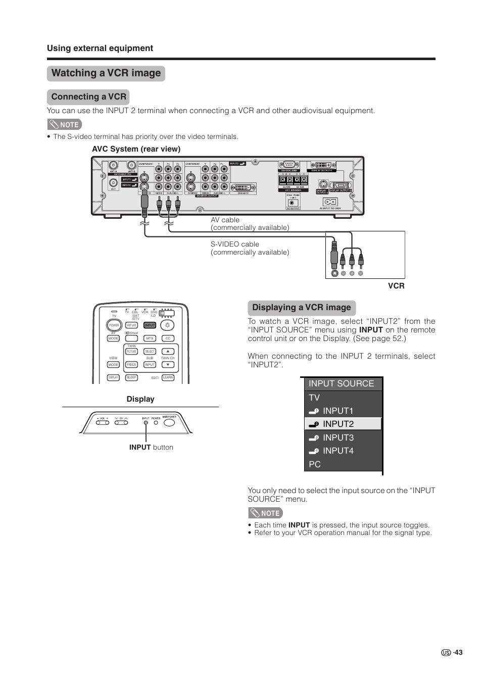 Watching a vcr image, Using external equipment, Connecting a vcr | Displaying a vcr image, Input source tv input1 input2 input3 input4 pc, Avc system (rear view) vcr, Display | Sharp Aquos LC 37HV6U User Manual | Page 44 / 86