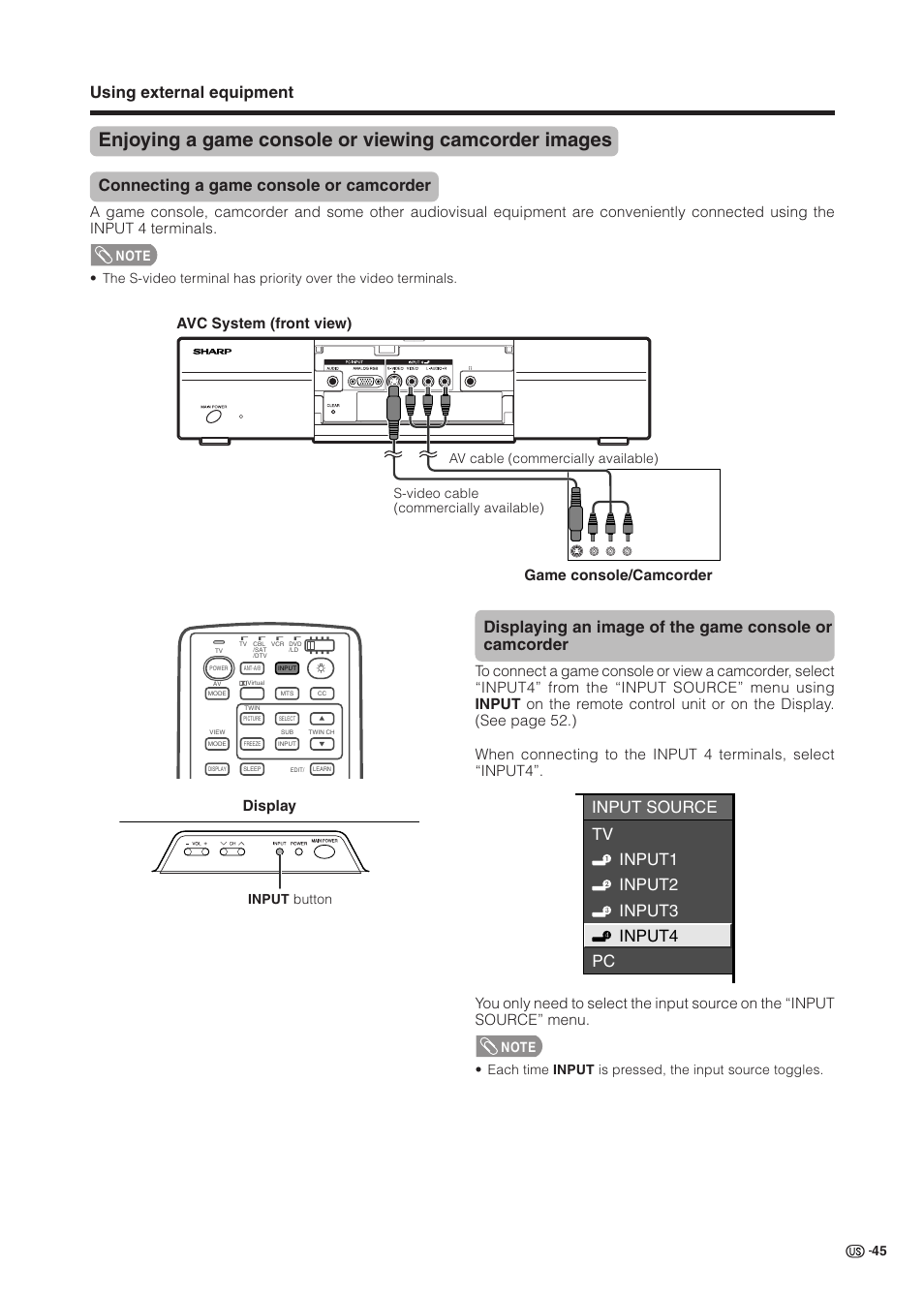 Using external equipment, Connecting a game console or camcorder, Input source tv input1 input2 input3 input4 pc | Avc system (front view) game console/camcorder, Display | Sharp Aquos LC 37HV6U User Manual | Page 46 / 86