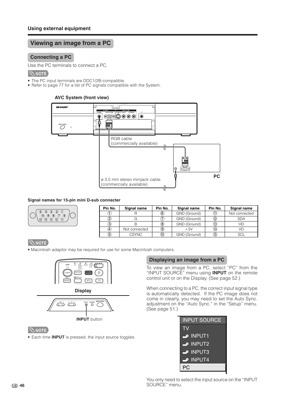 Viewing an image from a pc, Using external equipment, Connecting a pc | Displaying an image from a pc, Input source tv input1 input2 input3 input4 pc | Sharp Aquos LC 37HV6U User Manual | Page 47 / 86