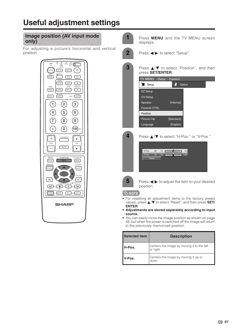 Useful adjustment settings, Image position (av input mode only) | Sharp Aquos LC 37HV6U User Manual | Page 48 / 86