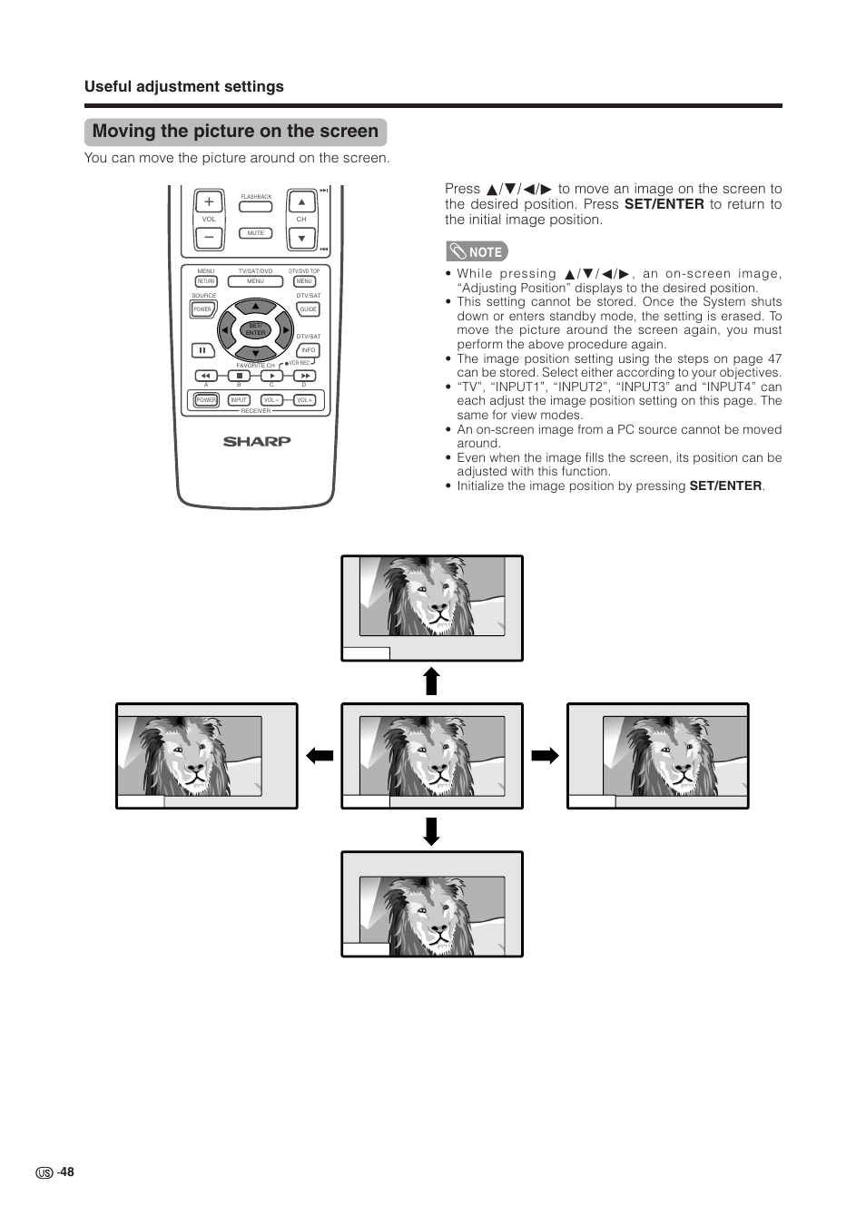 Moving the picture on the screen, Useful adjustment settings, You can move the picture around on the screen | Sharp Aquos LC 37HV6U User Manual | Page 49 / 86
