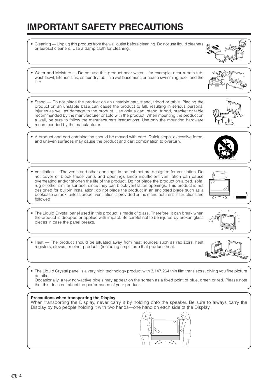 Important safety precautions | Sharp Aquos LC 37HV6U User Manual | Page 5 / 86