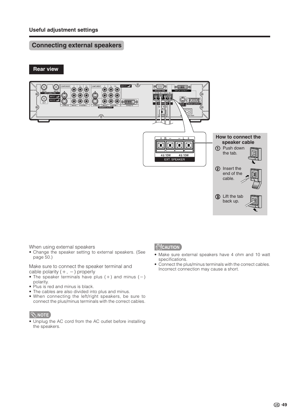 Connecting external speakers | Sharp Aquos LC 37HV6U User Manual | Page 50 / 86