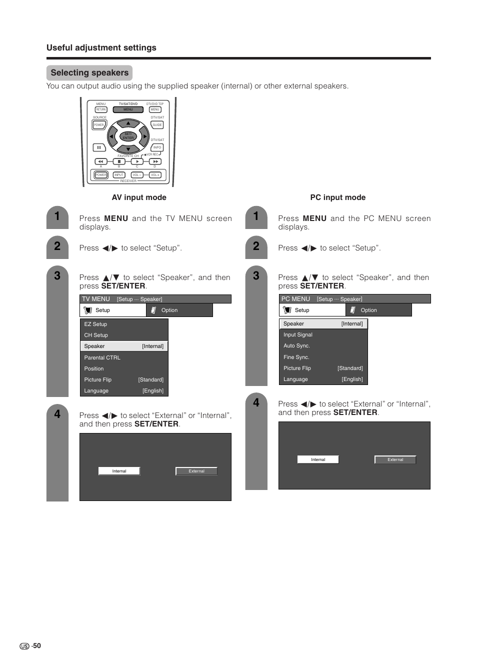 Selecting speakers, Useful adjustment settings | Sharp Aquos LC 37HV6U User Manual | Page 51 / 86