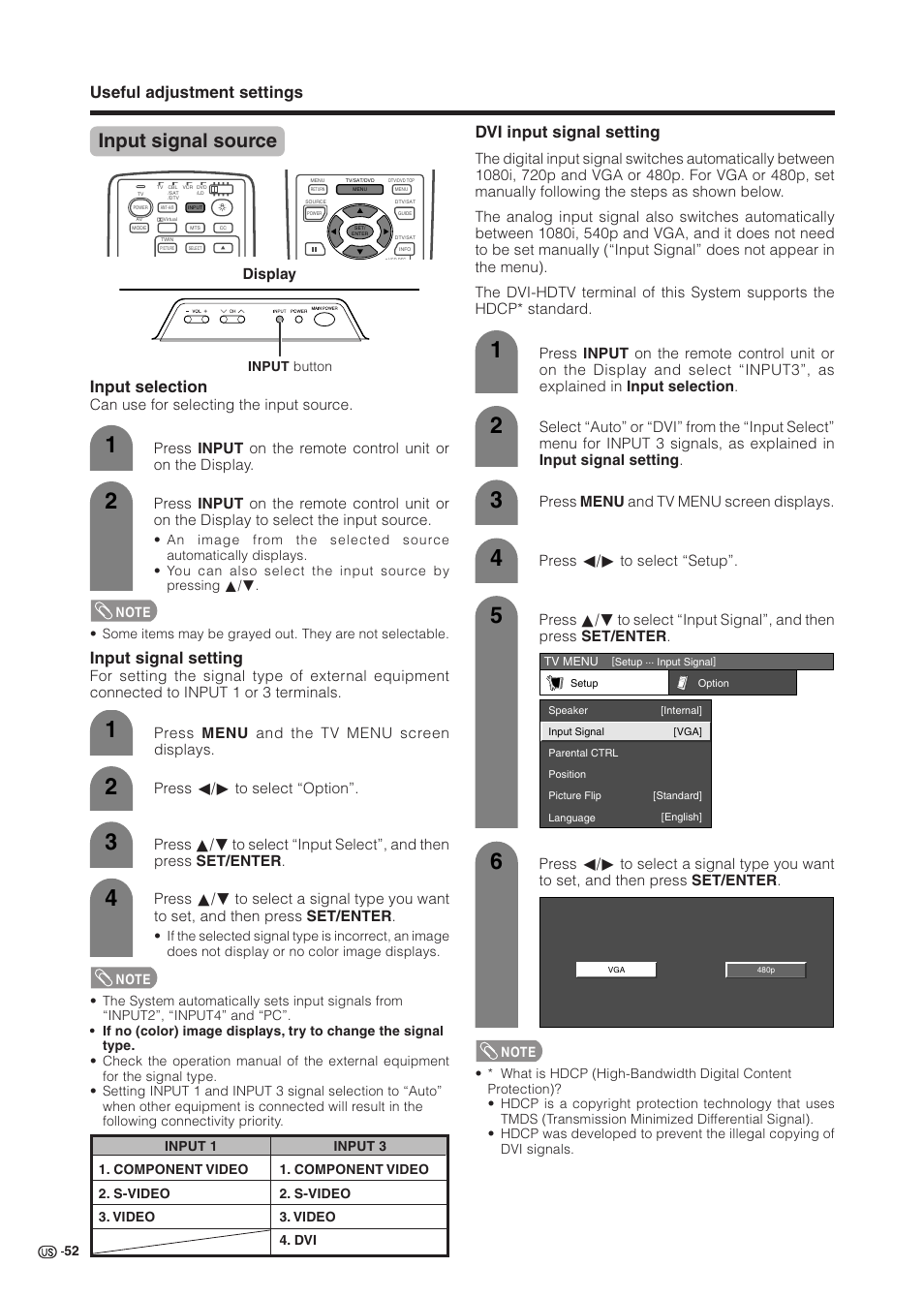 Input signal source, Useful adjustment settings, Input signal setting | Input selection, Dvi input signal setting | Sharp Aquos LC 37HV6U User Manual | Page 53 / 86