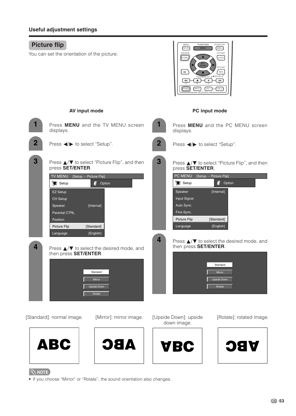 Picture flip, Useful adjustment settings | Sharp Aquos LC 37HV6U User Manual | Page 54 / 86