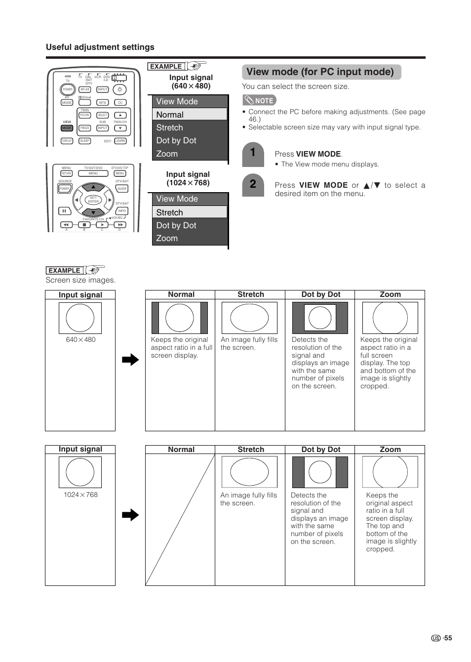 View mode (for pc input mode), Useful adjustment settings, You can select the screen size | Screen size images, Press view mode | Sharp Aquos LC 37HV6U User Manual | Page 56 / 86