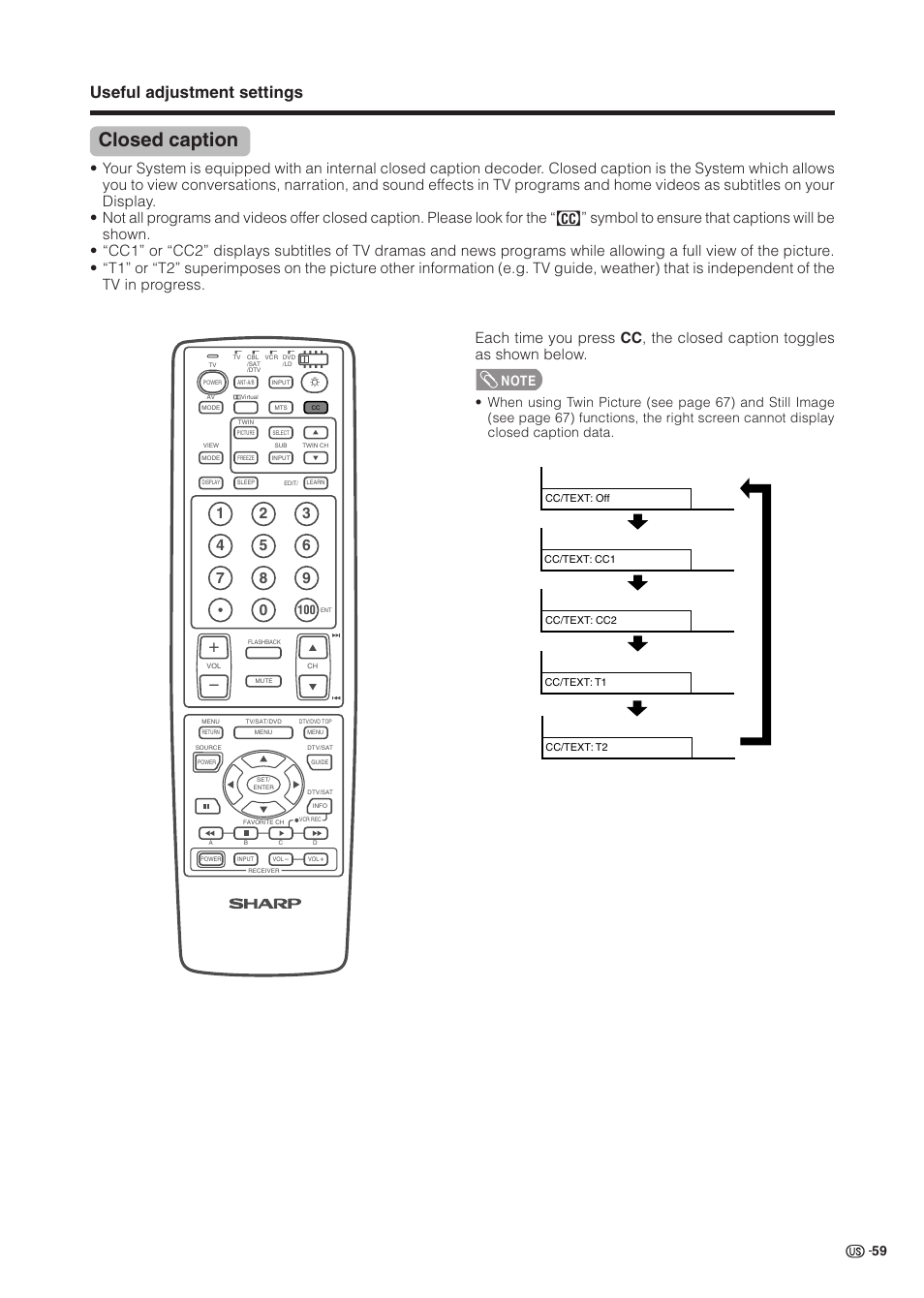 Closed caption, Useful adjustment settings | Sharp Aquos LC 37HV6U User Manual | Page 60 / 86