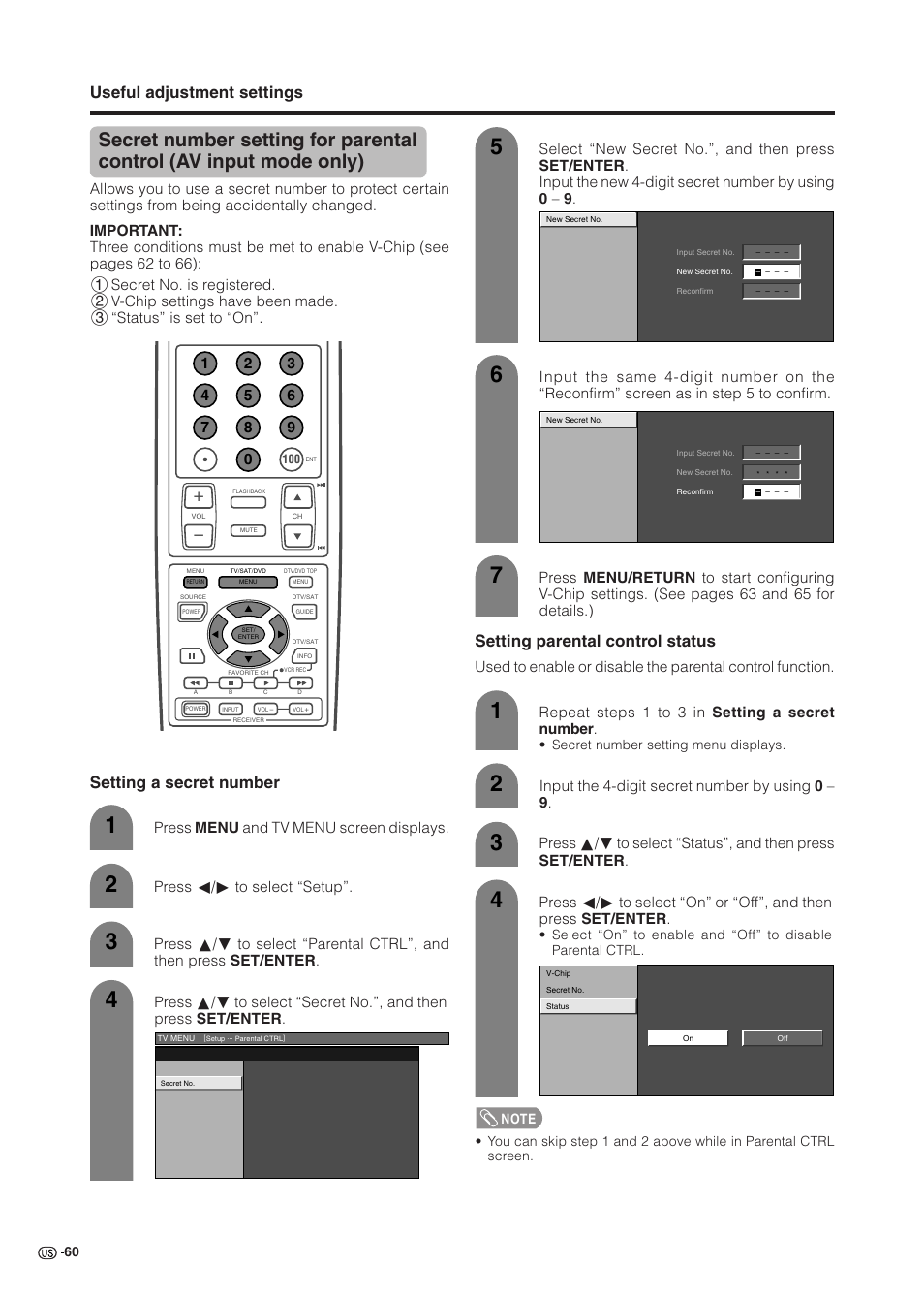 Useful adjustment settings, Setting parental control status, Setting a secret number | Repeat steps 1 to 3 in setting a secret number, Input the 4-digit secret number by using 0 – 9 | Sharp Aquos LC 37HV6U User Manual | Page 61 / 86