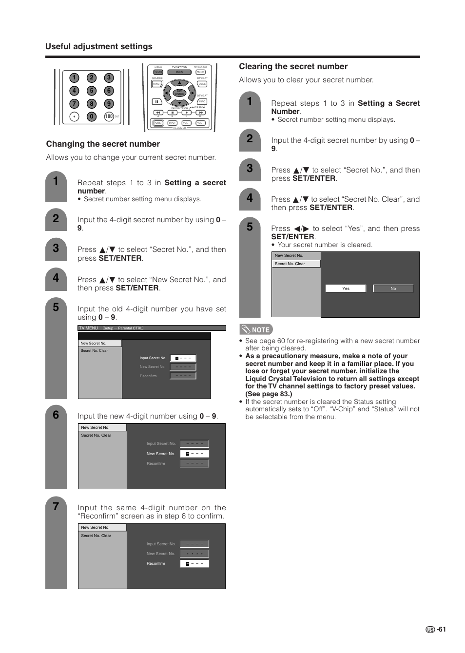 Useful adjustment settings, Changing the secret number, Clearing the secret number | Input the 4-digit secret number by using 0 – 9, Secret number setting menu displays, Your secret number is cleared | Sharp Aquos LC 37HV6U User Manual | Page 62 / 86