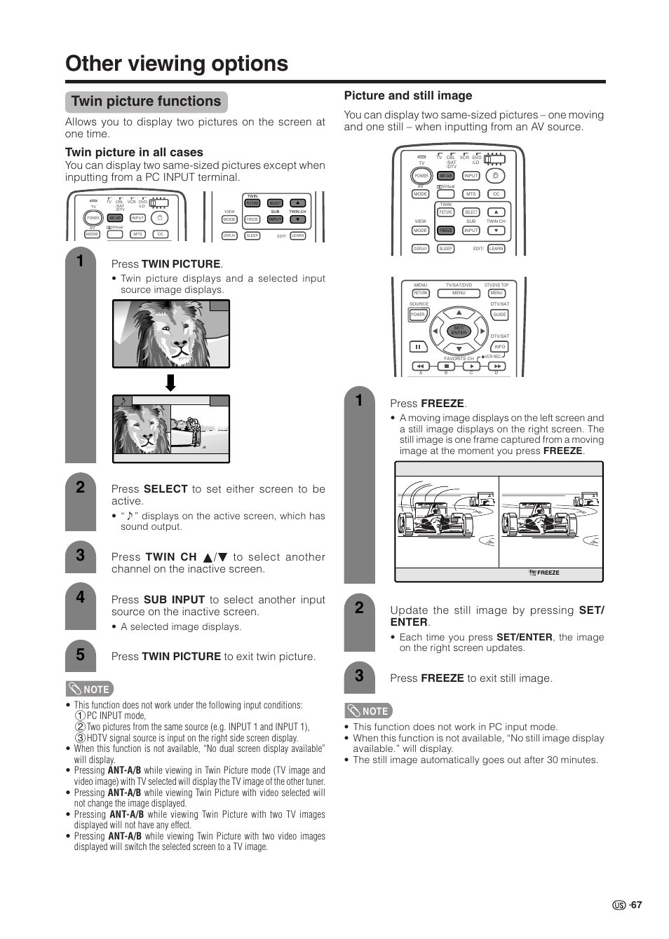 Other viewing options, Twin picture functions, Twin picture in all cases | Picture and still image, Press select to set either screen to be active, Press twin picture to exit twin picture, Update the still image by pressing set/ enter, Press freeze to exit still image, A selected image displays | Sharp Aquos LC 37HV6U User Manual | Page 68 / 86