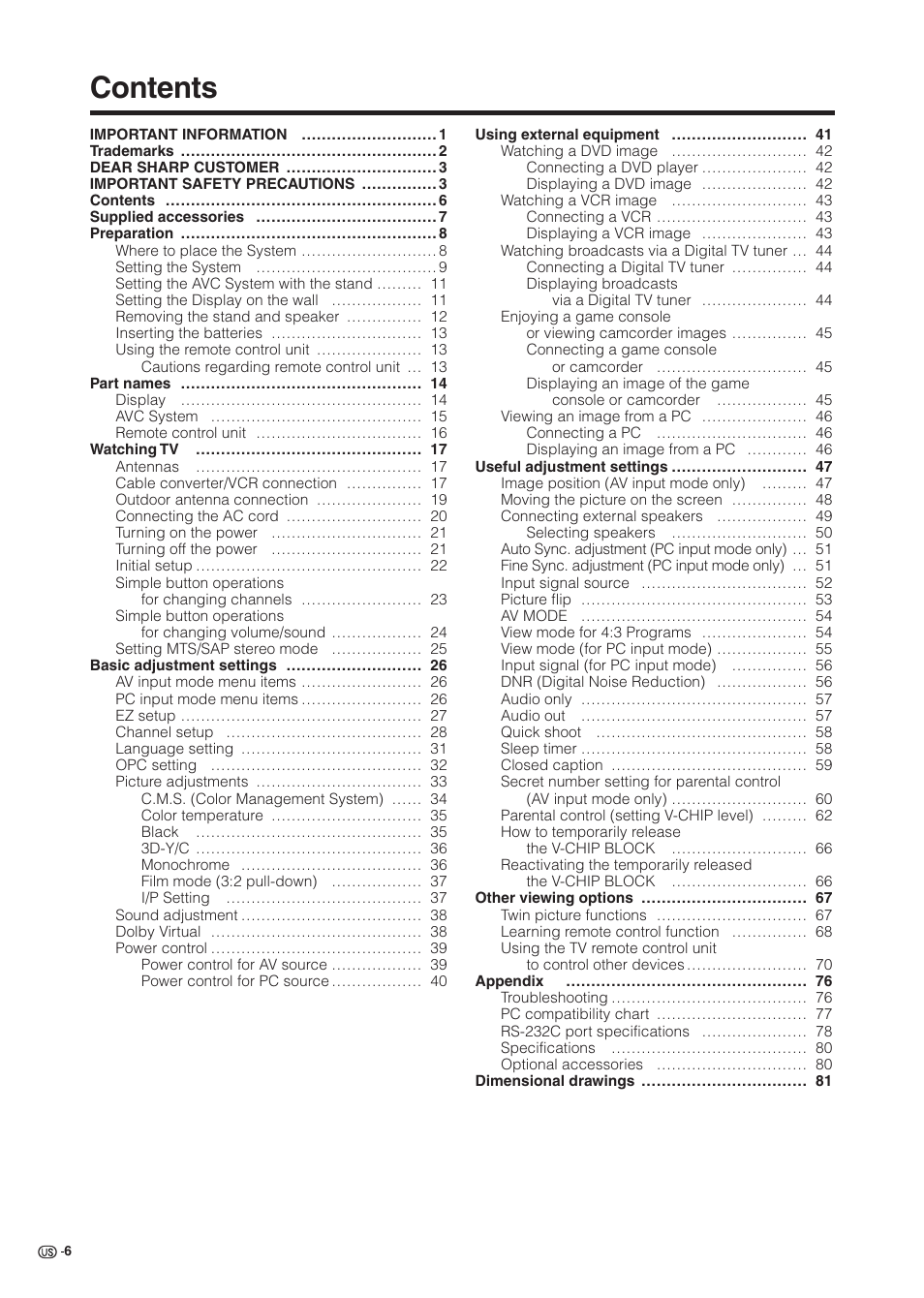 Sharp Aquos LC 37HV6U User Manual | Page 7 / 86